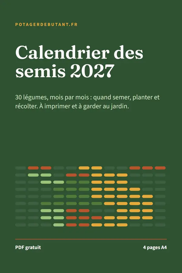 Couverture du calendrier des semis 2027 : barres colorées des semis, plantations et récoltes mois par mois