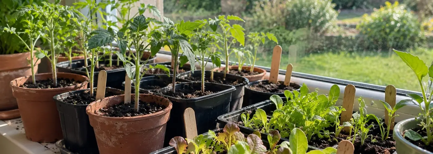 Semis de printemps en godets alignés sur un rebord de fenêtre, au soleil