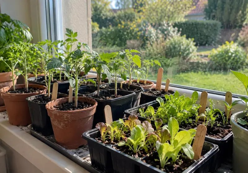 Semis de printemps en godets alignés sur un rebord de fenêtre, au soleil