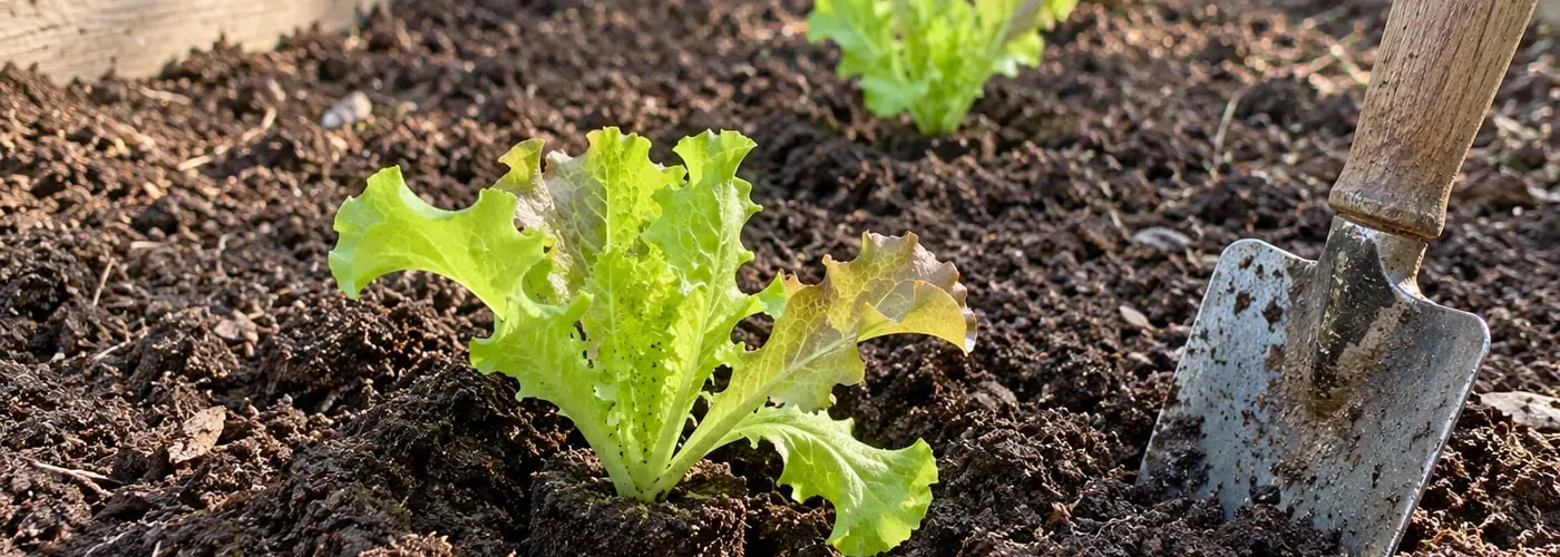 Jeune plant de laitue tout juste mis en terre dans une planche de potager fraîchement préparée