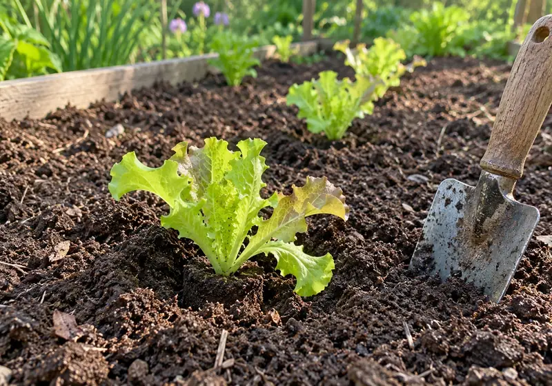 Jeune plant de laitue tout juste mis en terre dans une planche de potager fraîchement préparée