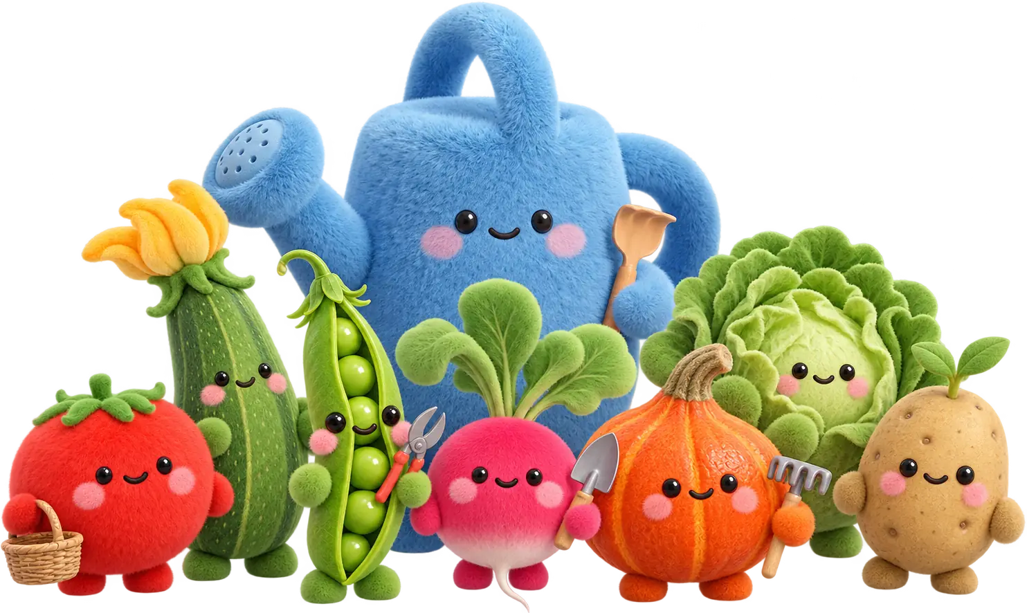 Les légumes du potager en peluche autour d’un arrosoir : tomate, courgette, radis, potimarron, laitue, petit pois et pomme de terre