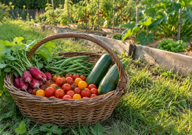 Panier de récolte du potager posé dans l’herbe : tomates cerises, courgettes, radis et haricots verts