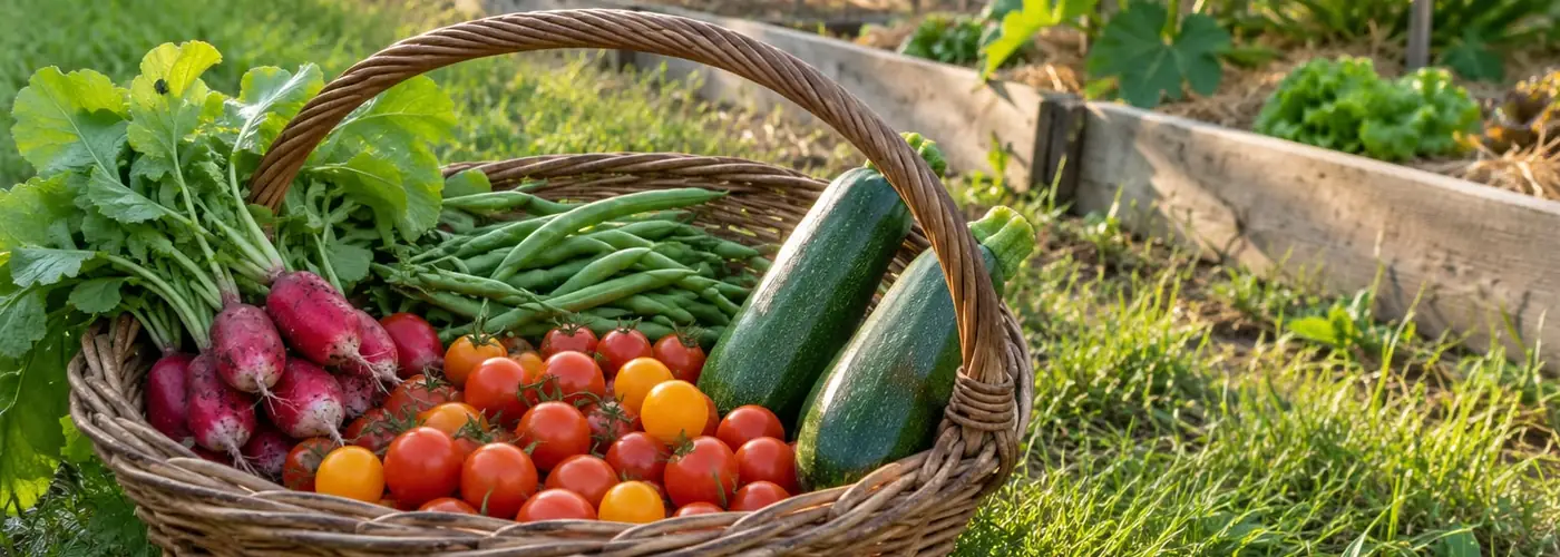 Panier de récolte du potager posé dans l’herbe : tomates cerises, courgettes, radis et haricots verts