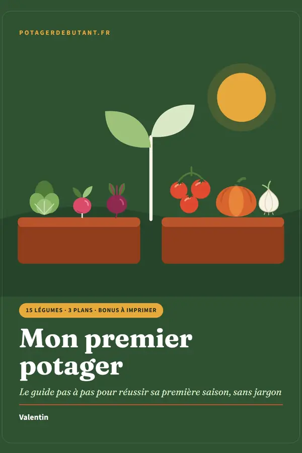 Couverture du guide Mon premier potager : une pousse et deux bacs de légumes sur fond vert