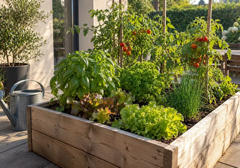 Carré potager en bois sur une terrasse, planté de salades, de tomates cerises et d’aromatiques