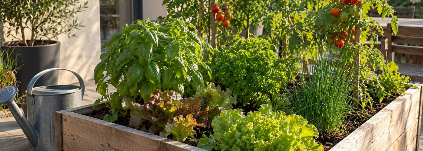 Carré potager en bois sur une terrasse, planté de salades, de tomates cerises et d’aromatiques